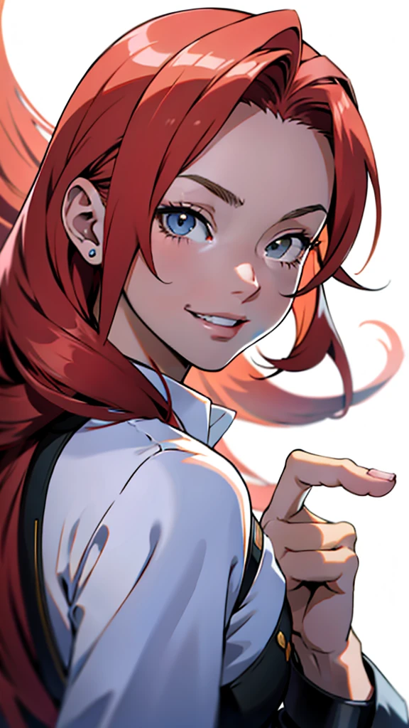 garota de anime com cabelo ruivo e gravata borboleta, [[[[galsoning evily]]]], bright red head, com olhos vermelhos brilhantes, lindo retrato de anime, impressionante retrato de rosto de anime, also, com olhos vermelhos brilhantes, sorriso astuto, retrato detalhado de garota anime, com olhos brilhantes, menino anime de cabelo laranja, retrato de uma garota de anime