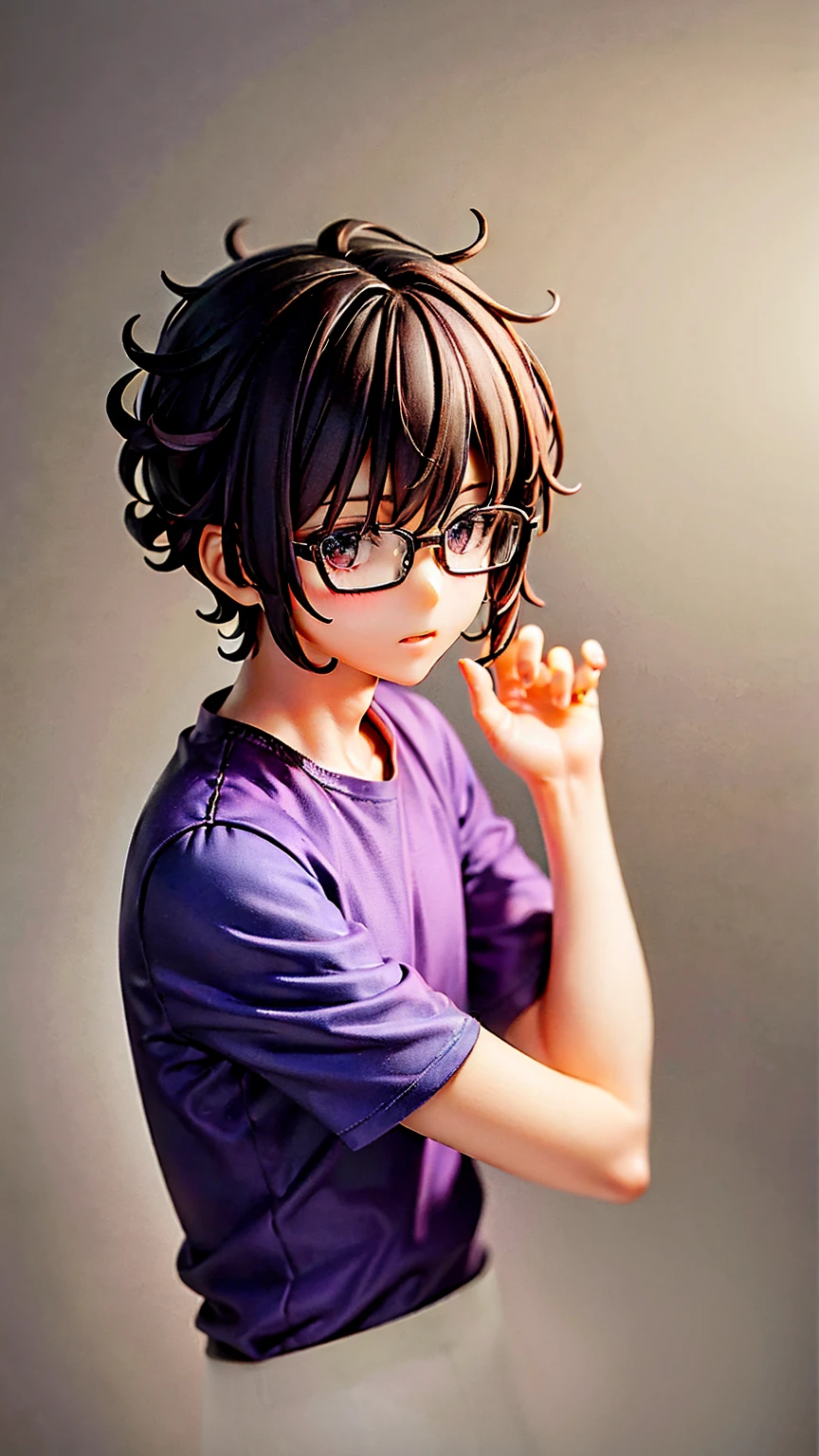 Portrait of male, short curly hair, glasses, purple shirt, tuck in shirt, black pant