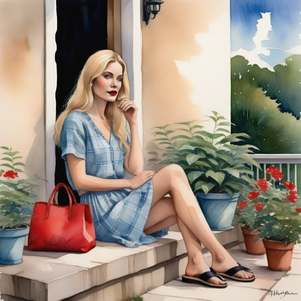 Imagine a serene setting where a Brazilian woman is the centerpiece of a tranquil watercolor scene. She sits comfortably on a concrete porch, her posture relaxed. Her straight blonde hair cascades over her shoulders, providing a lovely contrast to her light blue blouse and floral skirt. The red of her lips adds a pop of color that draws your eye, while her black flip-flops suggest a casual elegance. Beside her, a brown plaid bag rests against the porch railing, hinting at a story yet to be told. The setting is simple yet inviting: a beige wall with a window offering a glimpse of a tranquil interior and potted plants that add a touch of greenery and life to the composition.

