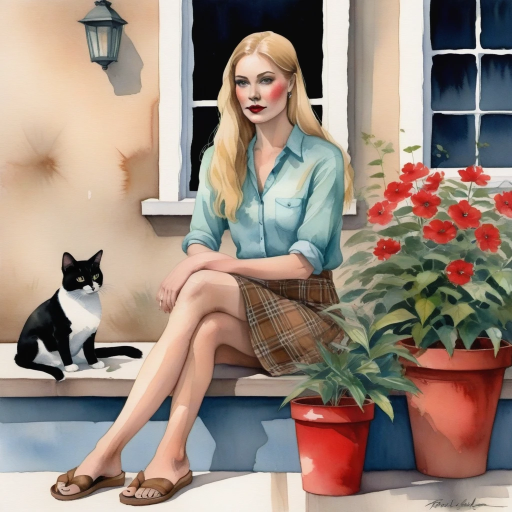 Imagine a serene setting where a Brazilian woman is the centerpiece of a tranquil watercolor scene. She sits comfortably on a concrete porch, her posture relaxed. Her straight blonde hair cascades over her shoulders, providing a lovely contrast to her light blue blouse and floral skirt. The red of her lips adds a pop of color that draws your eye, while her black flip-flops suggest a casual elegance. Beside her, a brown plaid bag rests against the porch railing, hinting at a story yet to be told. The setting is simple yet inviting: a beige wall with a window offering a glimpse of a tranquil interior and potted plants that add a touch of greenery and life to the composition.

