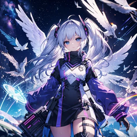 ((archangel　fantasy　rainbow hair　make your hair rainbow-colored on the inside　twin tails　dull blue eyes　has a galaxy　uniform　put...