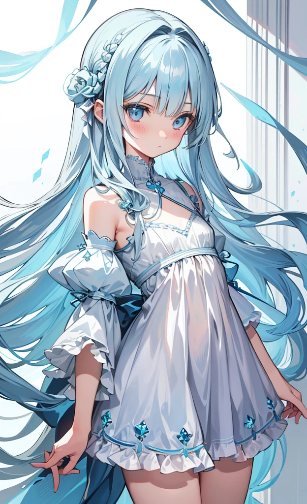 masterpiece, best quality, extremely detailed, (illustration, official art:1.1), 1 girl ,(((( light blue long hair)))), ,(((( light blue long hair)))),light blue hair, long hair ((blush)) , cute face, big eyes, masterpiece, best quality,(((((a very delicate and beautiful girl,))))),Amazing,beautiful detailed eyes,blunt bangs、((((little delicate girl)))),tareme(true beautiful:1.2), sense of depth,dynamic angle, ,Baby Face,flat chest,((ultra - detailed),#3b4195 background,beautiful  flowers, cherries,fern,foliage,Watercolor pattern in calm colors),(Watercolor texture), ((1girll),ultra long detailed hair,adorable),((super detailed), #3b4195 background, beautiful flowers, cherries, ferns, leaves, watercolor pattern of calming colors), (watercolor texture), ((1 girl), long hair, cute,