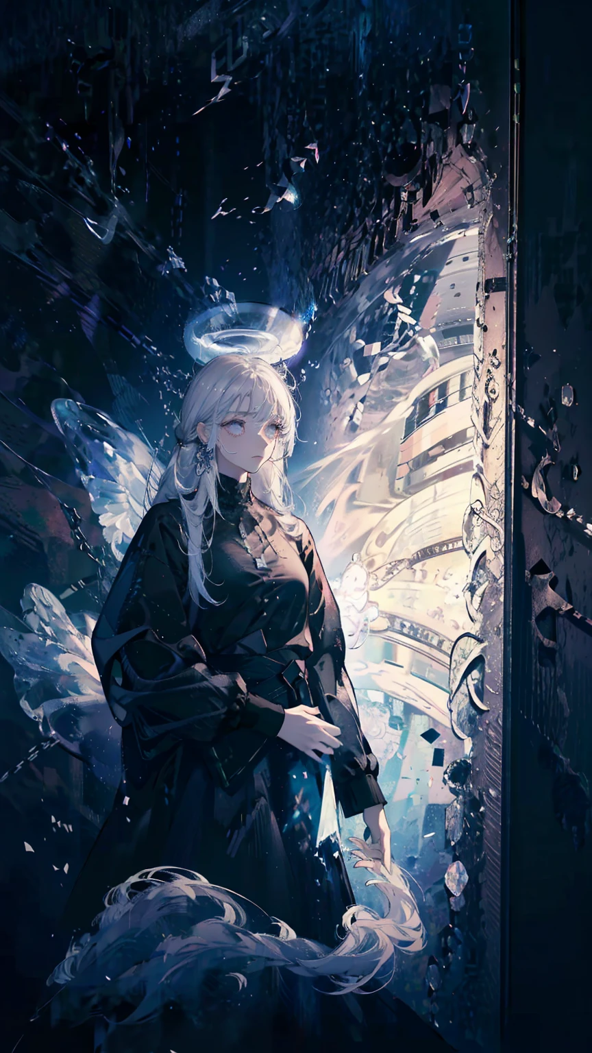 White Hair,White eyelashes,White Eyes,looking at the camera,Black long shirt,Realistic clothing drawing,Drawing range is from the waist up,An ennui look,Gazing somewhere far away,Fleeting atmosphere,Her hair is long and straight.,Smoke is shining,Wearing fog,art print,The background looks like it was painted over with black acrylic gouache.,Dark atmosphere,The crumbling angel halo、Her eyes are closing,Hollow Eyes,Angel Wings,The clothes are black,Highest quality