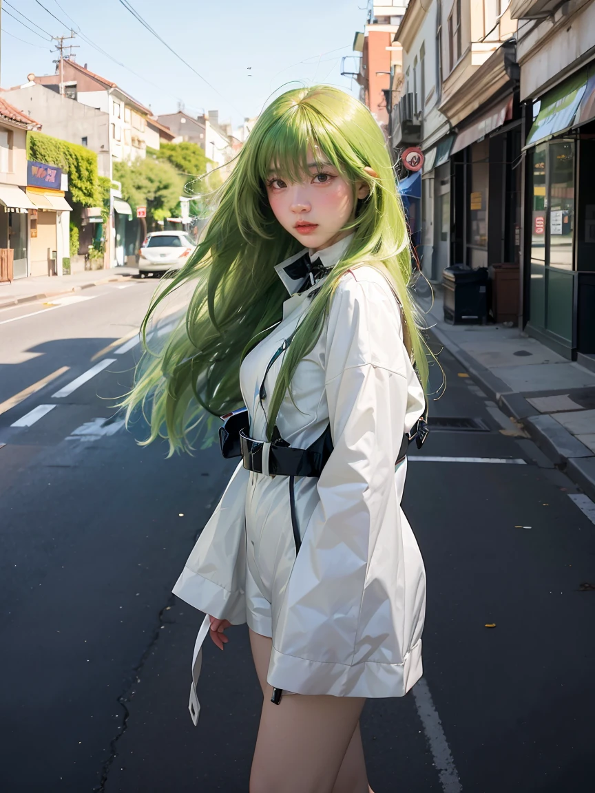 (masterpiece, best quality:1.4), (outside abandoned street, green plants background:1.2), (standing:1.2), (full body), (front shot), 1girl, solo, (european youth:1.5), (european:1.5), cosplay, realistic, green hair, long hair, straitjacket, (shining orange eyes:1.2), (ultra-detailed, best shadow, volumetric lighting), (beautiful detailed face, beautiful detailed eyes), very long hair, zipper, white straitjacket, beautiful face, highly detailed face, highly detailed skin, skin pores, subsurface scattering, medium breast, full face blush, full lips, detailed background, depth of field, volumetric lighting, sharp focus, absurdres, realistic proportions, good anatomy, (realistic, hyperrealistic:1.4), 16k hdr,