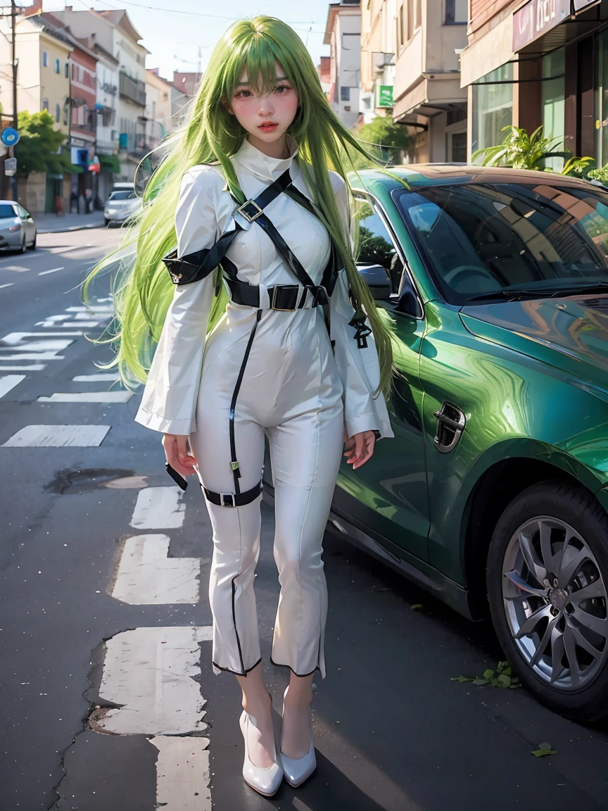 (masterpiece, best quality:1.4), (outside abandoned street, green plants background:1.2), (standing:1.2), (full body), (front shot), 1girl, solo, (european youth:1.5), (european:1.5), cosplay, realistic, green hair, long hair, straitjacket, (shining orange eyes:1.2), (ultra-detailed, best shadow, volumetric lighting), (beautiful detailed face, beautiful detailed eyes), very long hair, zipper, white straitjacket, beautiful face, highly detailed face, highly detailed skin, skin pores, subsurface scattering, medium breast, full face blush, full lips, detailed background, depth of field, volumetric lighting, sharp focus, absurdres, realistic proportions, good anatomy, (realistic, hyperrealistic:1.4), 16k hdr,