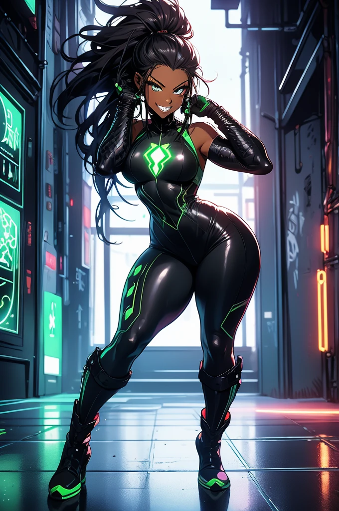 (best quality), masterpiece, full body shot, anime, NSFW, ecchi, perfect body, 1girl, female, tall woman, big breasts, muscles, dark brown, (black skin), dreadlocks, ponytail, (unique green expressive eyes), punk girl, long lizard tail, big grin, sharp teeth, superhero, super suit, graffiti painted suit, punk outfit, biker gloves, biker boots, stylized suit symbol, futuristic style, club interior, dancing, guitar, music, flashing lights, futuristic cityscape background