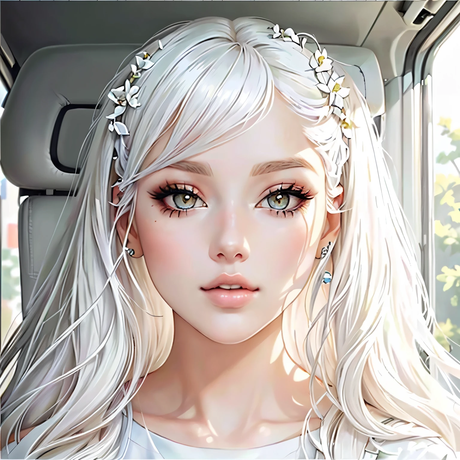 a woman with long white hair and a white shirt is sitting in a car, perfect by white girl, chica con by white, awesome anime face portrait, Kawaii realistic portrait, beautiful realistic face, ig model | germ of art, blonde hair and big eyes, cara bonita de by white, by white, hyperrealistic anime, beautiful pale makeup, realistic painting cute girl