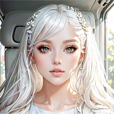 a woman with long white hair and a white shirt is sitting in a car, perfect pelo blanco girl, chica con pelo blanco, impresionan...