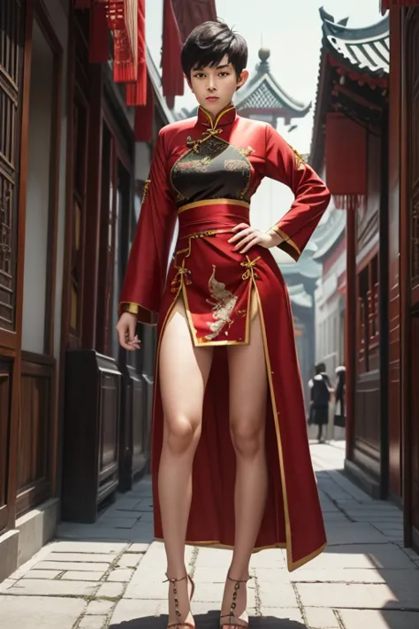 a young man having long legs, thick thighs, large hips, thin and narrow weist, and Chinese dress, very small spikey boyish hairc...