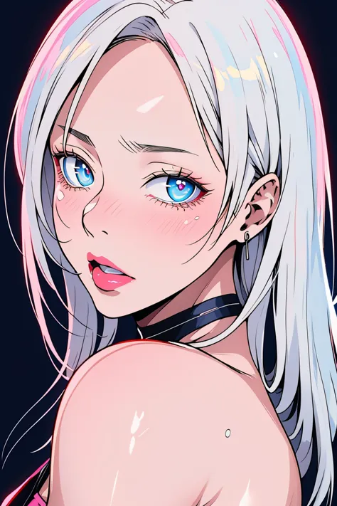 masterpiece, best quality, ultra-high-detailed, white hair, light blue eyes, looking to viewer,  black background, upper shoulde...