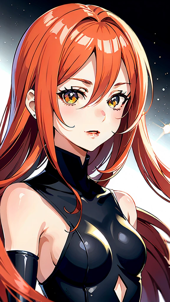 garota de anime com cabelo ruivo e gravata borboleta, [[[[galsoning evily]]]], bright red head, com olhos vermelhos brilhantes, lindo retrato de anime, impressionante retrato de rosto de anime, also, com olhos vermelhos brilhantes, sorriso astuto, retrato detalhado de garota anime, com olhos brilhantes, menino anime de cabelo laranja, retrato de uma garota de anime