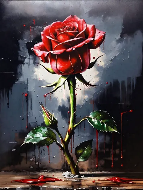 tuberculosis, the red rose oil painting is very realistic., growing along the road, stem coming out of concrete, nighttime, ligh...