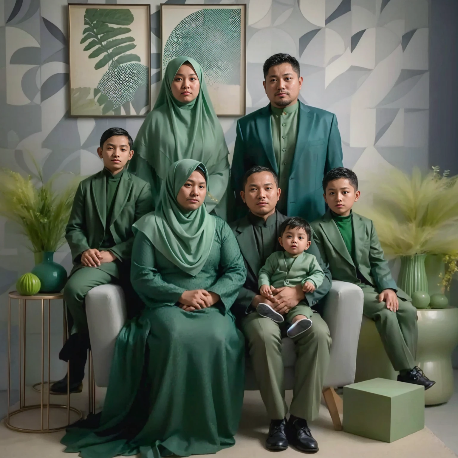 Studio Photography, close up, 6 people, an Indonesian couple aged 55 sits on a couple's chair, stand behind them there's couple aged 38, a man slightly overweight short buzz hair and a woman wearing long compliant pashmina hijab holding on a baby boy aged 2, accompanied by two boys aged 10, all wearing green emerald suits for man and gamis sharia for woman, sets at studio with modern abstract patterned walls, green flower vases, side tables, fresh color, 8k, photography, UHD.