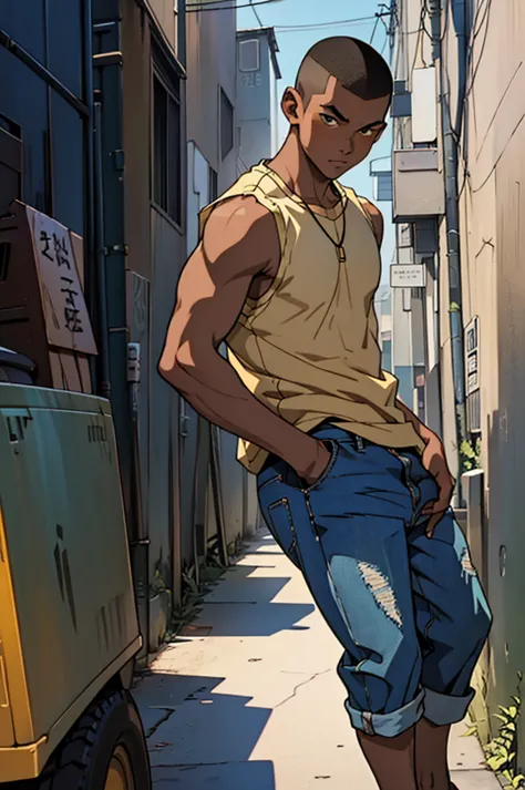 ((work of art)), 4k, 90s anime style features, 1 boy, age 11, completely black skin, buzzcut hair, wears a sleeveless shirt, loo...