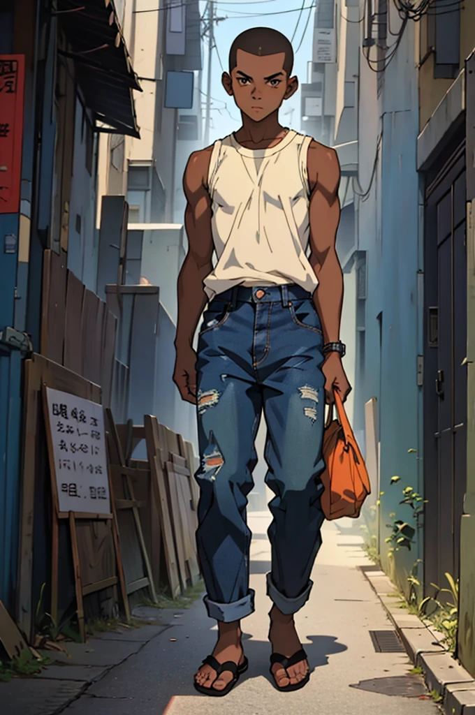 ((Work of art)), 4k, 90s anime style features, 1 boy, age 11 years old, thin body, completely black skin, buzzcut hair, wears a sleeveless shirt, loose beige jeans, a pair of flip-flops, looking for the viewer, a semi-serious look, a groove street location, afternoon time.