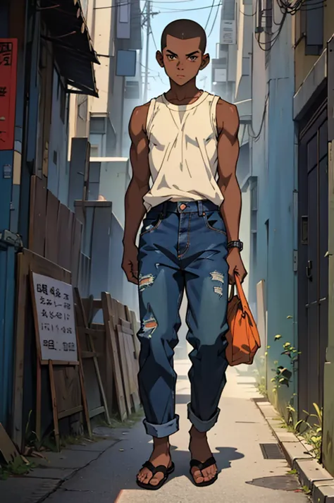 ((work of art)), 4k, 90s anime style features, 1 boy, age 11 years old, thin body, completely black skin, buzzcut hair, wears a ...