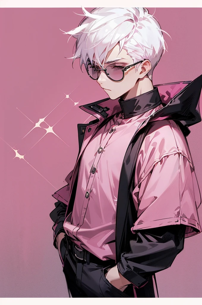 1male, white hair, short spiked hair, dark sin, round eyewear, tinted eyewear, pink tinted eyewear, baggy black jacket, pink design shirt, black pants, city background, detailed background, hands to side, standing on path