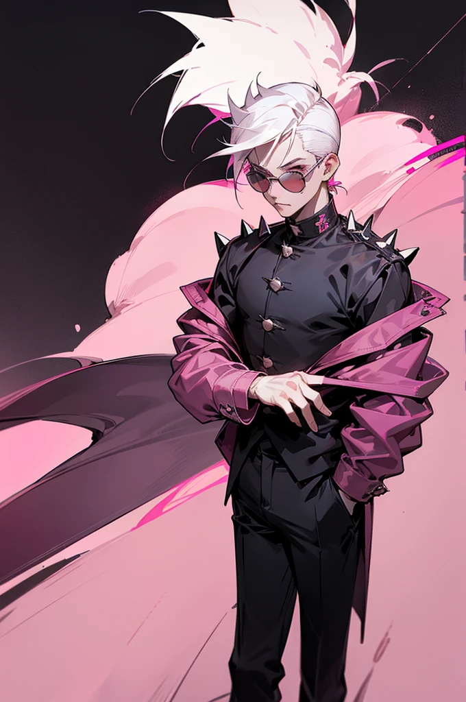 1male, white hair, short spiked hair, dark sin, round eyewear, tinted eyewear, pink tinted eyewear, baggy black jacket, pink design shirt, black pants, city background, detailed background, hands to side, standing on path