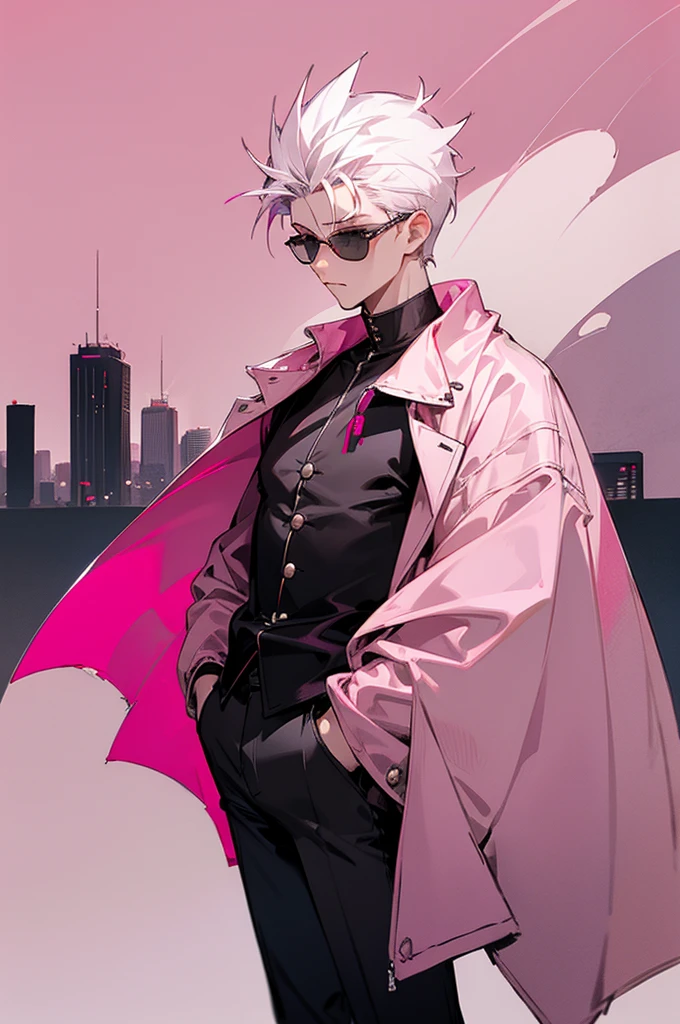 1male, white hair, short spiked hair, dark sin, round eyewear, tinted eyewear, pink tinted eyewear, baggy black jacket, pink design shirt, black pants, city background, detailed background, hands to side, standing on path