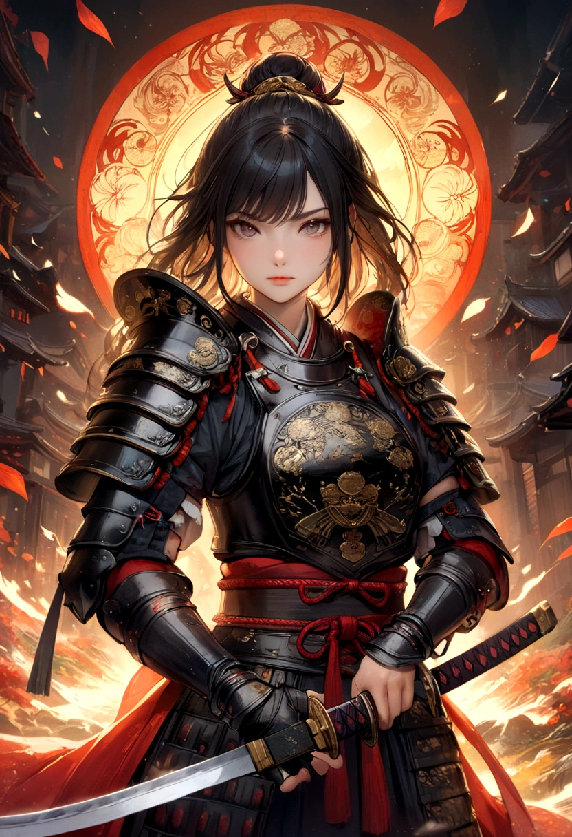 ein Bild einer japanischen Samurai, sie hat lange schwarze Haare, Samurai-Rüstung tragen, bewaffnet mit einem Katana, bereit für den Kampf, dynamischer Winkel,, Japanische Fantasy-Kunst, (Meisterwerk: 1.5), 16k, highres, beste Qualität, hohe Details, Extrem detailliert, Meisterwerk, beste Qualität, (Extrem detailliert), arabisch, dnd kunst, Japanisches Katana, wtrcolor-Stil