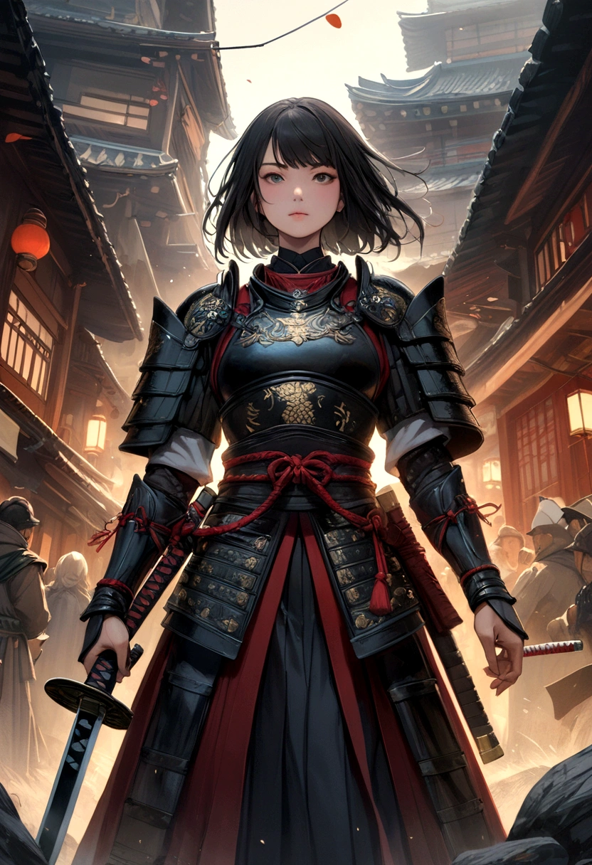 una imagen de una samurái japonesa, ella tiene el pelo largo y negro, usando armadura samurái, armado con una katana, preparado para la batalla, ángulo dinámico,, arte de fantasía japonés, (obra maestra: 1.5), 16k, alta resolución, mejor calidad, detalles altos, ultra detallado, obra maestra, mejor calidad, (extremadamente detallado), arafa, dnd arte, JaponésKatana, estilo wtrcolor