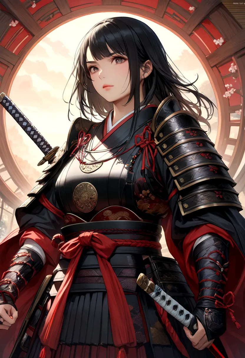 a picture of Japanese female samurai, she has long black hair, wearing samurai armor, armed with a katana, ready for battle, dyn...