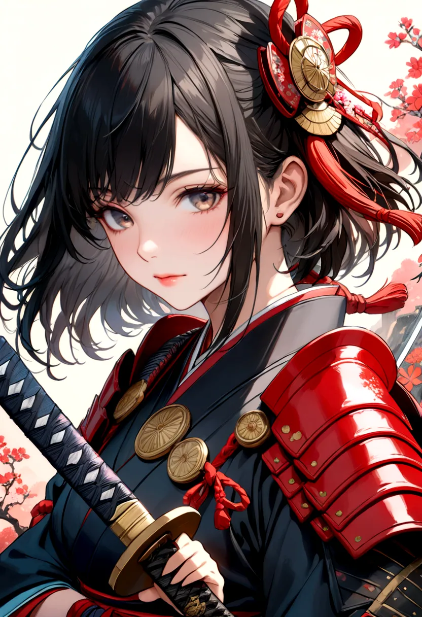 a picture of Japanese female samurai, she has long black hair, wearing samurai armor, armed with a katana, ready for battle, dyn...