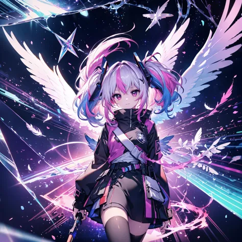 ((archangel　fantasy　rainbow hair　make your hair rainbow-colored on the inside　twin tails　dull red eyes　has a galaxy　uniform　put ...