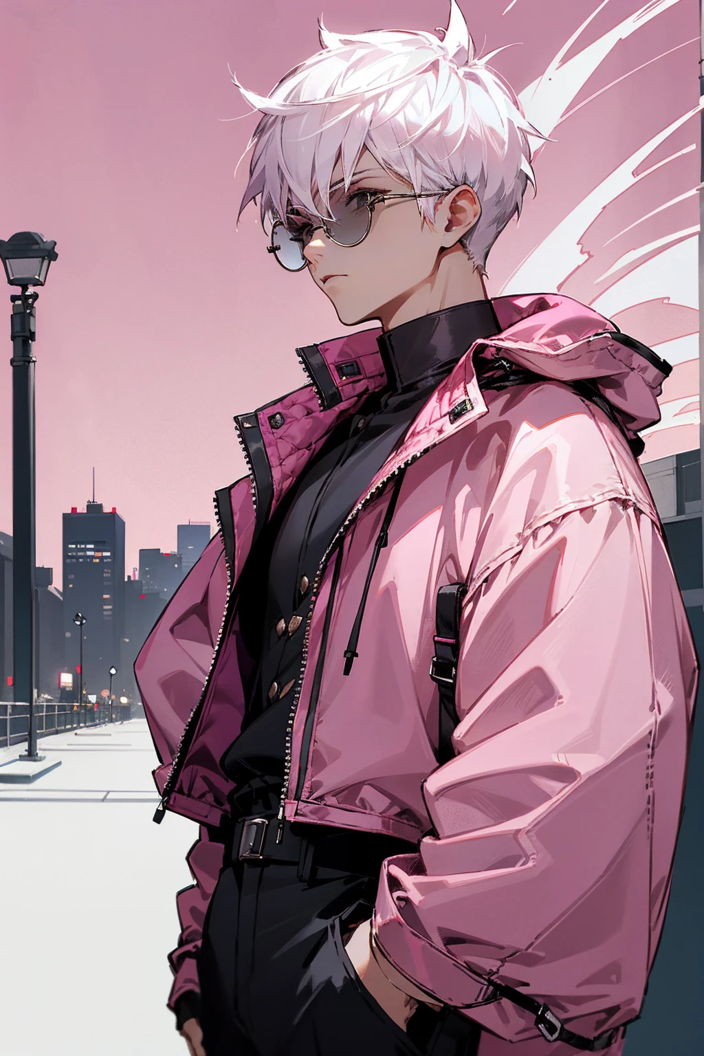 1male, white hair, short spiked hair, dark sin, round eyewear, tinted eyewear, pink tinted eyewear, baggy black jacket, pink design shirt, black pants, city background, detailed background, hands to side, standing on path