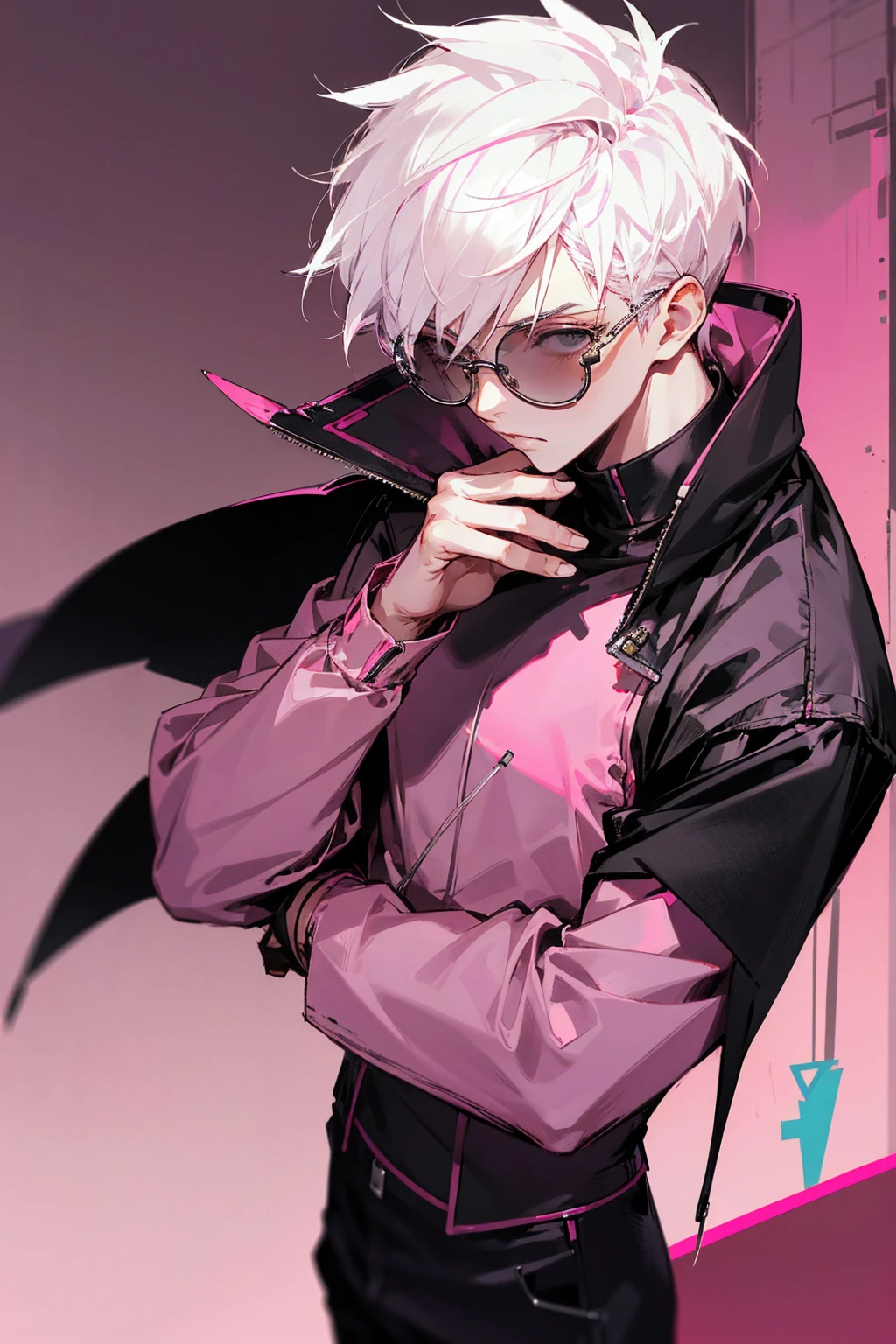 1male, white hair, short spiked hair, dark sin, round eyewear, tinted eyewear, pink tinted eyewear, baggy black jacket, pink design shirt, black pants, city background, detailed background, hands to side, standing on path