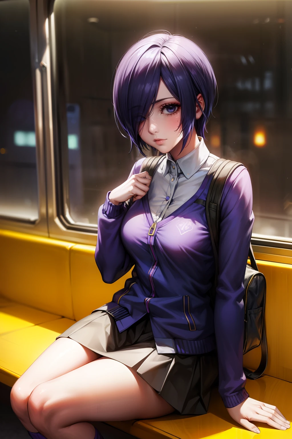 Beautiful face, beauty, white skin, purple-blue eyes, short purple-blue hair, hair covering her left eye, cute body, school clothes, yellow jacket, dark blue skirt, sitting on the bus She looks out the window, in front of her is a school bag , Kirishima Touka, Tokyo Ghoul 