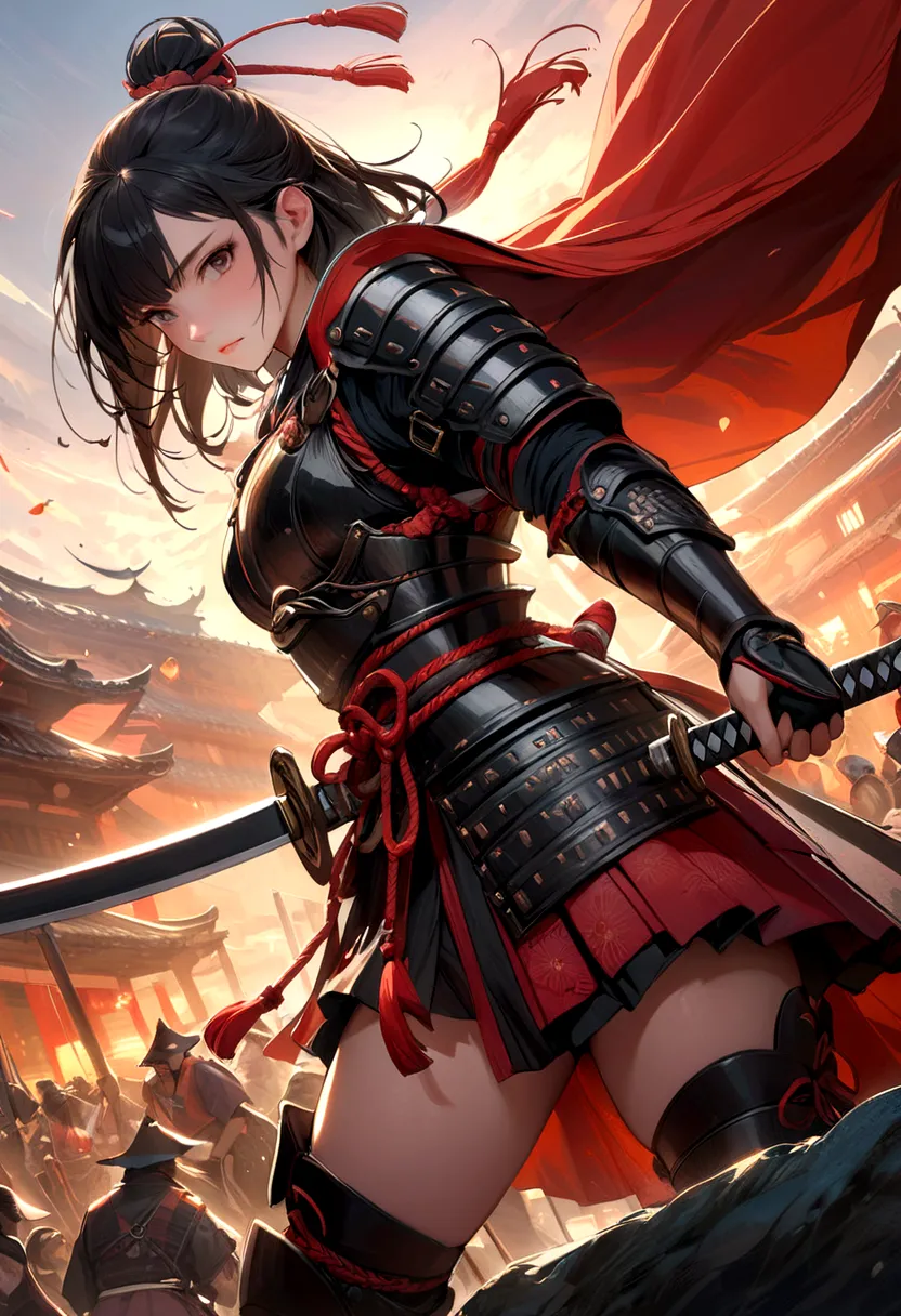 a picture of Japanese female samurai, she has long black hair, wearing samurai armor, armed with a katana, ready for battle, dyn...