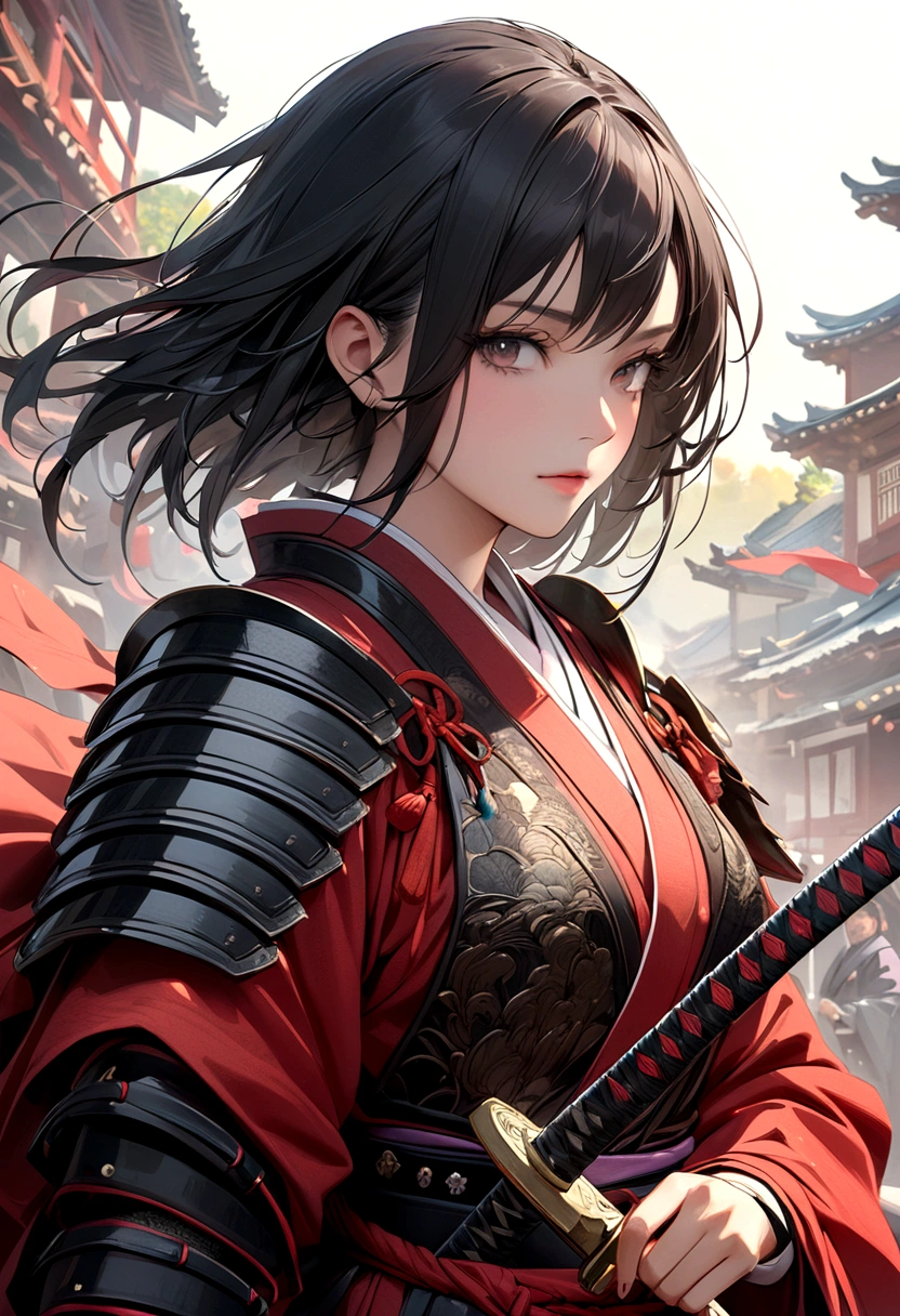 ein Bild einer japanischen Samurai, sie hat lange schwarze Haare, Samurai-Rüstung tragen, bewaffnet mit einem Katana, bereit für den Kampf, dynamischer Winkel,, Japanische Fantasy-Kunst, (Meisterwerk: 1.5), 16k, highres, beste Qualität, hohe Details, Extrem detailliert, Meisterwerk, beste Qualität, (Extrem detailliert), arabisch, dnd kunst, Japanisches Katana, wtrcolor-Stil