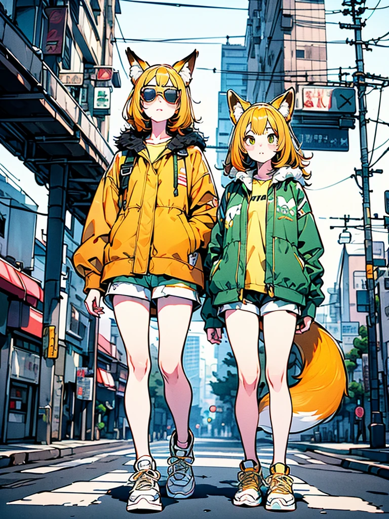 Skinny fox girl, (yellow sunglasses, green jacket, black shorts, yellow sneakers, orange hair, fox tail), city background, ((detailed background, detailed clothes, detailed fur texture, intricate detail, highly detailed, fine details best quality, hyperdetailed face)), bright color tones, digital art, beautiful lighting, 1girl, solo, cyberpunk, (best quality,4k,8k,highres,masterpiece:1.2), ultra-detailed