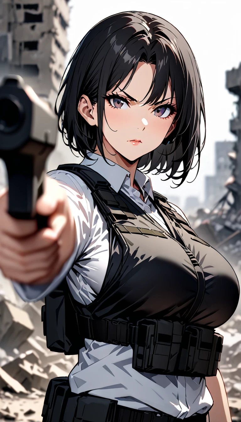 ((masterpiece)),((highest quality)),((High resolution)),((Very detailed)),One woman,48 years old,Mature Woman,Japanese,Black Hair,Short Bob,Beautiful Eyes,Long eyelashes,Beautiful Hair,Beautiful Skin,Serious,Large Breasts,BREAK(((pointing pistol))),Handgun,White shirt,black bulletproof vest, Combat Boots, Black Tactical Forster,Tactical Headset,(The background is the rubble of ruins),(((Background Blur)))