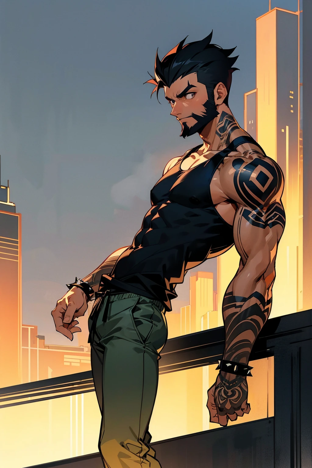 1male, tan skin, black hair, short spiked hair, black beard, full arm tattoos, baggy tanktop, blank pants, arms crossing, expressionless, city background, detailed background, standing on path