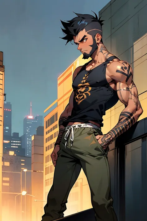 1male, tan skin, black hair, short spiked hair, black beard, full arm tattoos, baggy tanktop, blank pants, arms crossing, expres...