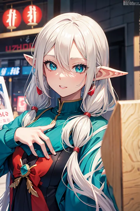 japanese cartoon movies. cover magazine. upper body. reply. Casual clothing. Elf woman with long platinum blonde hair in pigtail...