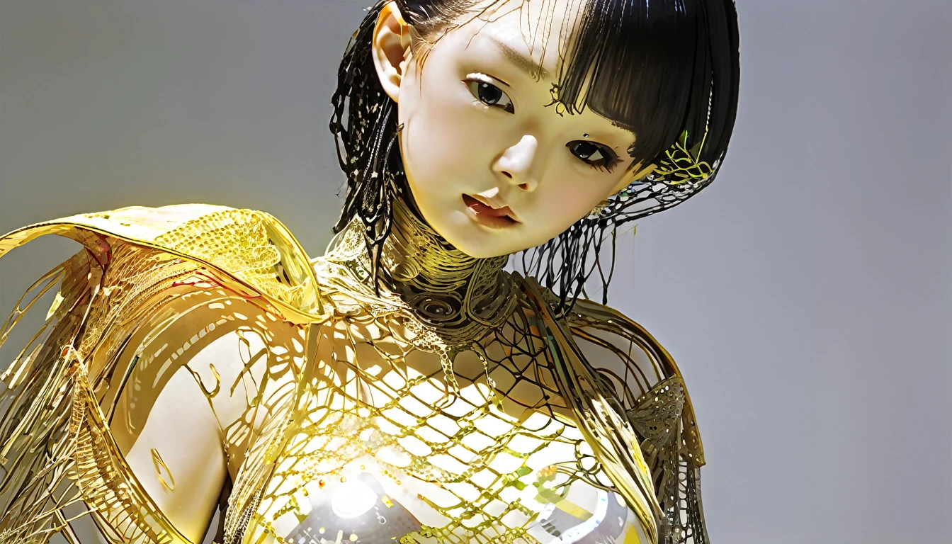 Portrait photo of a Japanese female android in her mid-twenties made of white and silver transparent glass and plastic, Geisha Makeup, black hairstyle, Silver and gold metal internals, Dynamic pose, Flowing organic structure, Detailed engraving, Lace knitting designs, Shiny gold circuit, colorful Neon Trim, Detailed engraving, Lace knitting designs, Glowing Circuit, Neon Trim, art：H.r. Giger, Greg rutowski