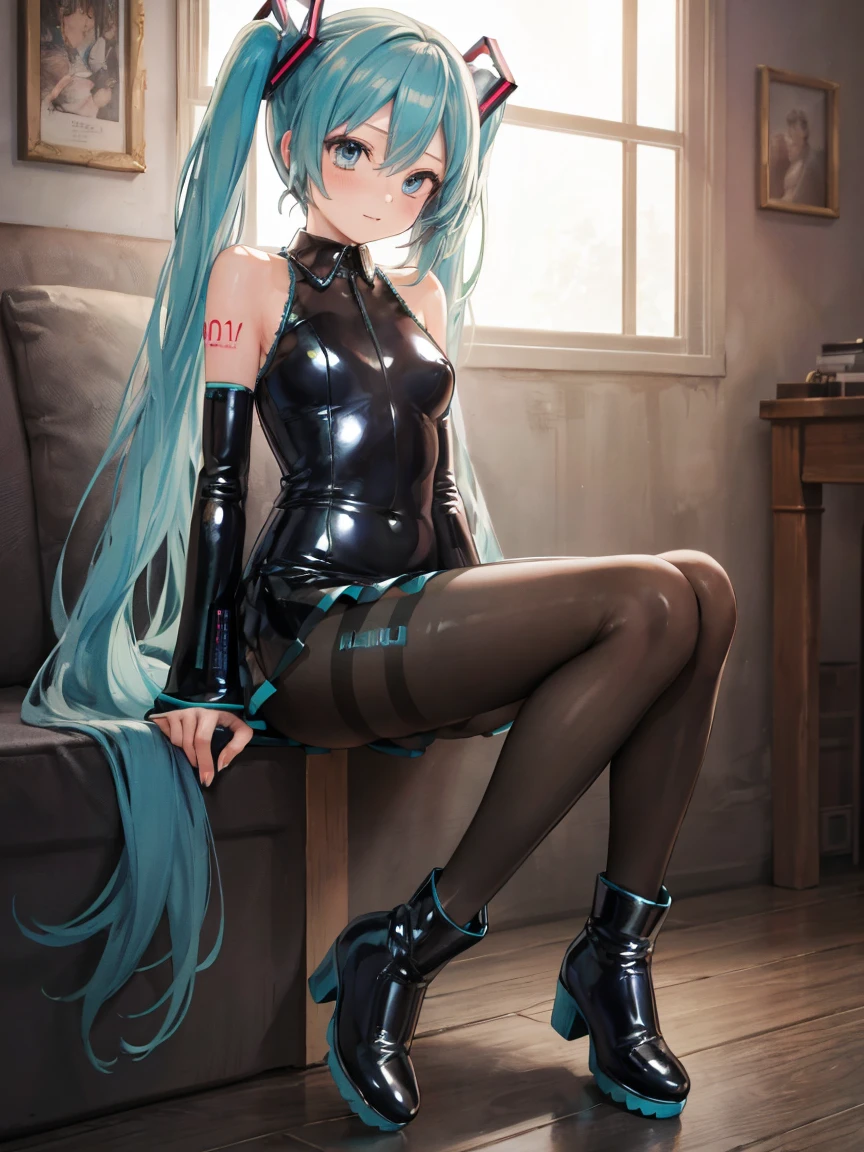 ((Top quality)), ((Masterpiece)), ((best quality:1.2,)), ((Hatsune Miku)), (Shiny latex full body suit), ((Shiny latex boots, Shiny pantyhose)), 