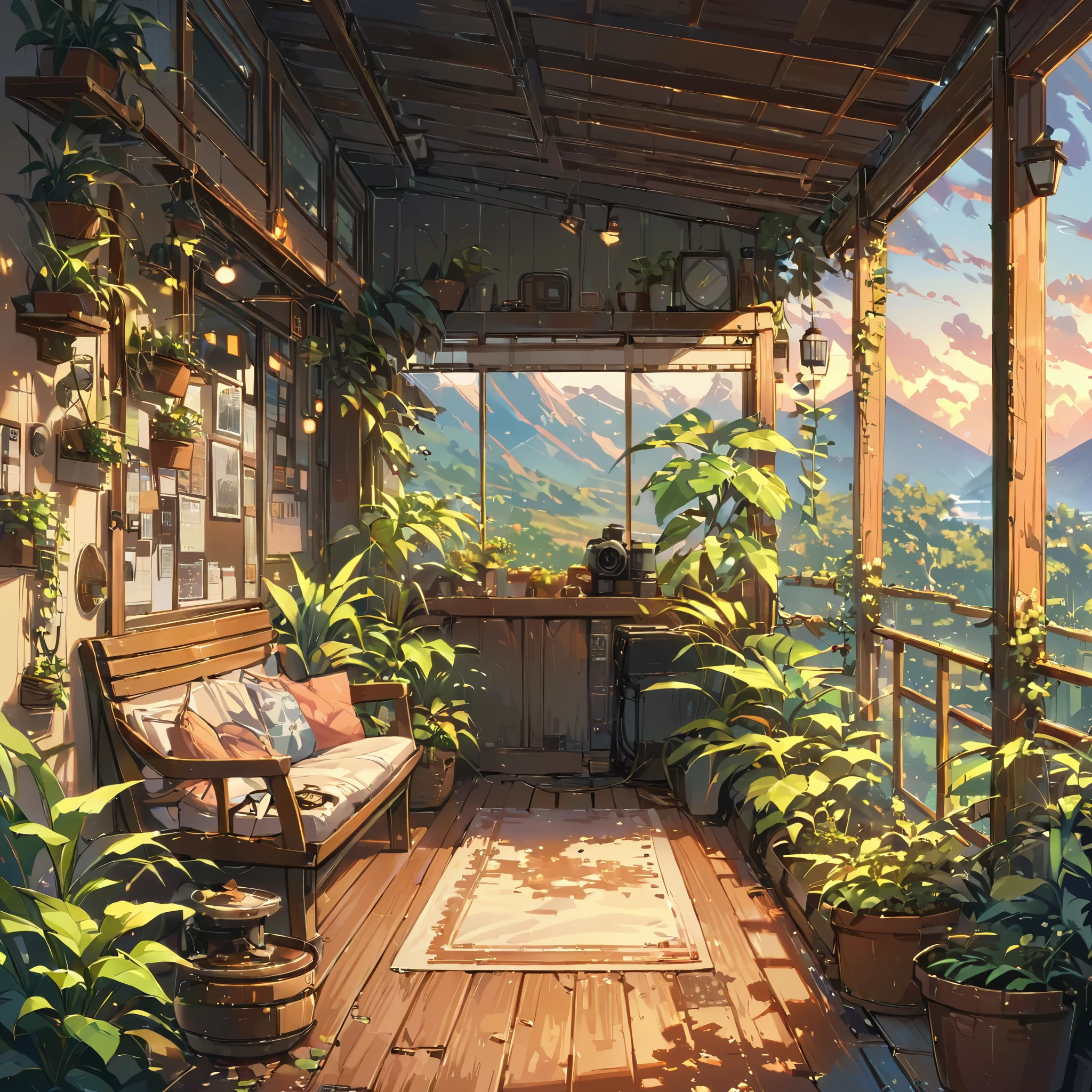 ((anime:1.4,illustration)),(masterpiece, top quality, best quality),(ultra-detailed, absolutely resolution),((16k, high res)), (((cozy lofi veranda with plants,))), ((cosy lofi illustration:1.4)), ((anime:1.4, illustration)),(masterpiece, top quality, best quality),(ultra-detailed, absolutely resolution),((16k, high res)) BREAK {lofi art, style of Laurie Greasley, style of Makoto Shinkai, anime aesthetic}, BREAK { (produces images with information than 40 million pixels with cinematic-like detailed textures shot on a Sony SLR).}