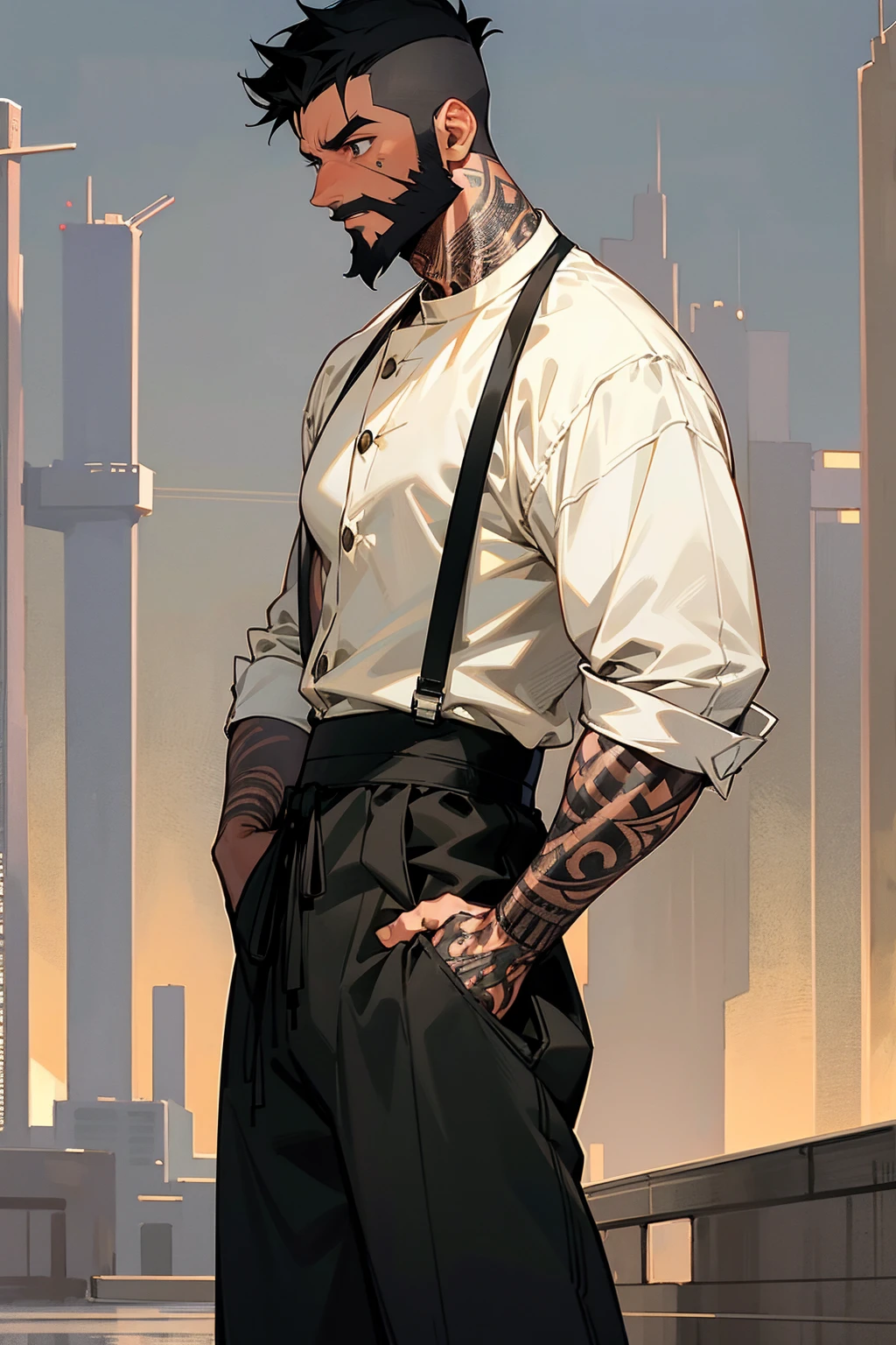 1male, tan skin, black hair, short spiked hair, black beard, full arm tattoos, baggy white shirt, blank pants, expressionless, city background, detailed background, standing on path, hands to side