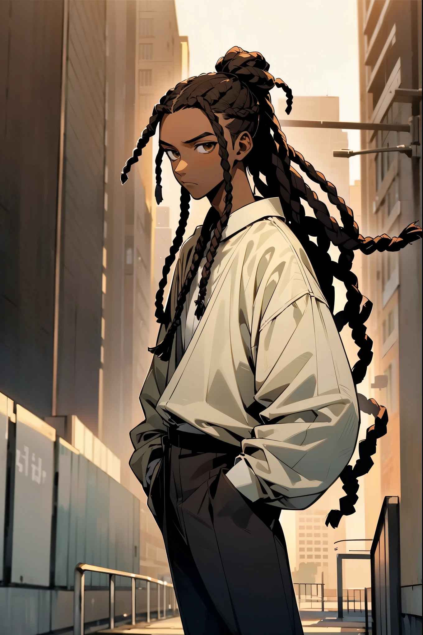 1male, dark skin, dreadlocks, ponytail, expressionless, hazel eyes, brown hair, white shirt, baggy black pants, city background, detailed background, hands to side, standing on path