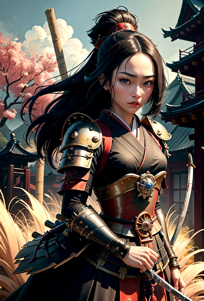 a picture of Japanese female samurai, she has long black hair, wearing samurai armor, armed with a katana, ready for battle, dynamic angle,, Japanese fantasy art, (Masterpiece: 1.5), 16k, highres, best quality, high details, ultra detailed, masterpiece, best quality, (extremely detailed), arafed, dnd art, JapaneseKatana, wtrcolor style