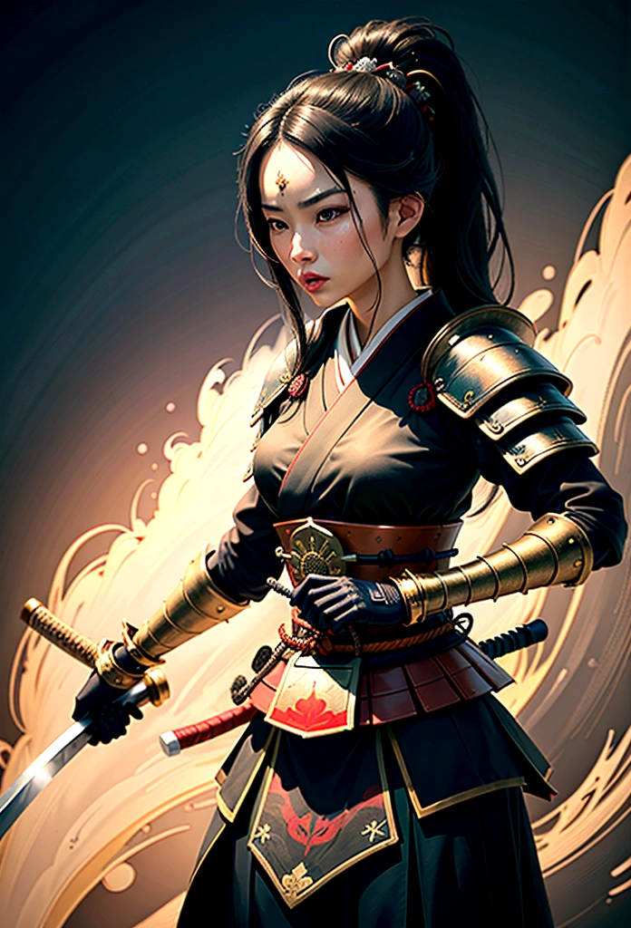 ein Bild einer japanischen Samurai, sie hat lange schwarze Haare, Samurai-Rüstung tragen, bewaffnet mit einem Katana, bereit für den Kampf, dynamischer Winkel,, Japanische Fantasy-Kunst, (Meisterwerk: 1.5), 16k, highres, beste Qualität, hohe Details, Extrem detailliert, Meisterwerk, beste Qualität, (Extrem detailliert), arabisch, dnd kunst, Japanisches Katana, wtrcolor-Stil