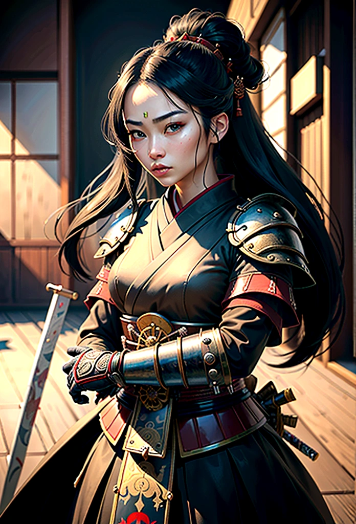 ein Bild einer japanischen Samurai, sie hat lange schwarze Haare, Samurai-Rüstung tragen, bewaffnet mit einem Katana, bereit für den Kampf, dynamischer Winkel,, Japanische Fantasy-Kunst, (Meisterwerk: 1.5), 16k, highres, beste Qualität, hohe Details, Extrem detailliert, Meisterwerk, beste Qualität, (Extrem detailliert), arabisch, dnd kunst, Japanisches Katana, wtrcolor-Stil