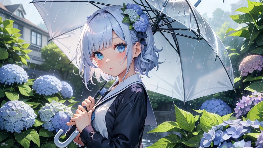 Best quality、Photorealistic、Ultra-detailed、delicate、Orderly、High Detail、Bluish Silver Short Bob、(Drooping heterochromia iris,glowing eyes:1.4)、slender、(One girl:1.2)、(Girl buried in hydrangeas、umbrella、rain、wet、Dynamic Angle、Dutch Angle、school uniform:1.3)、Ambient Occlusion、Ambient Light、Ray-traced Reflections、Glow、Shiny Hair、
