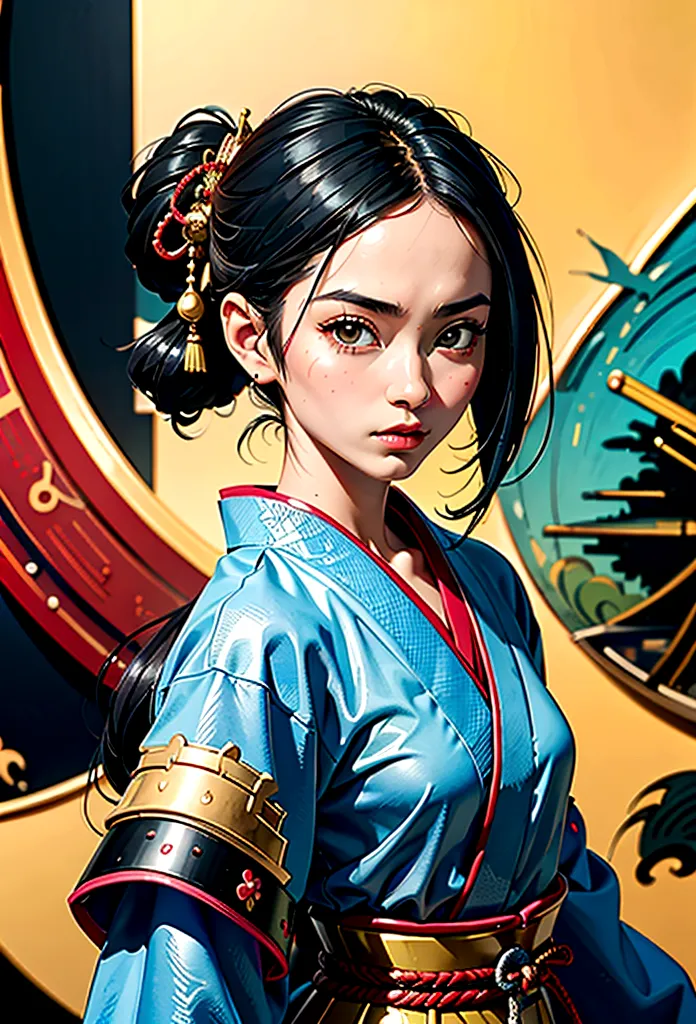 a picture of Japanese female samurai, she has long black hair, wearing samurai armor, armed with a katana, ready for battle, dyn...