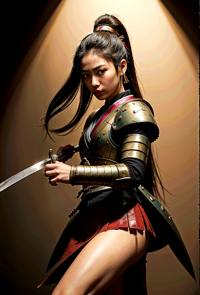 日本女武士的照片, 她有一頭長長的黑髮, 穿著武士盔甲, 手持武士刀, 準備戰鬥, 動態角度,, 日本奇幻艺术, (傑作: 1.5), 16k, 高解析度, 最好的品質, 高細節, 超詳細, 傑作, 最好的品質, (非常詳細), 阿拉費德, dnd藝術, 日本武士刀, 彩色風格