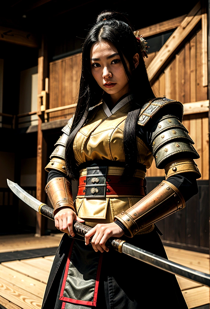 日本女武士的照片, 她有一頭長長的黑髮, 穿著武士盔甲, 手持武士刀, 準備戰鬥, 動態角度,, 日本奇幻艺术, (傑作: 1.5), 16k, 高解析度, 最好的品質, 高細節, 超詳細, 傑作, 最好的品質, (非常詳細), 阿拉費德, dnd藝術, 日本武士刀, 彩色風格